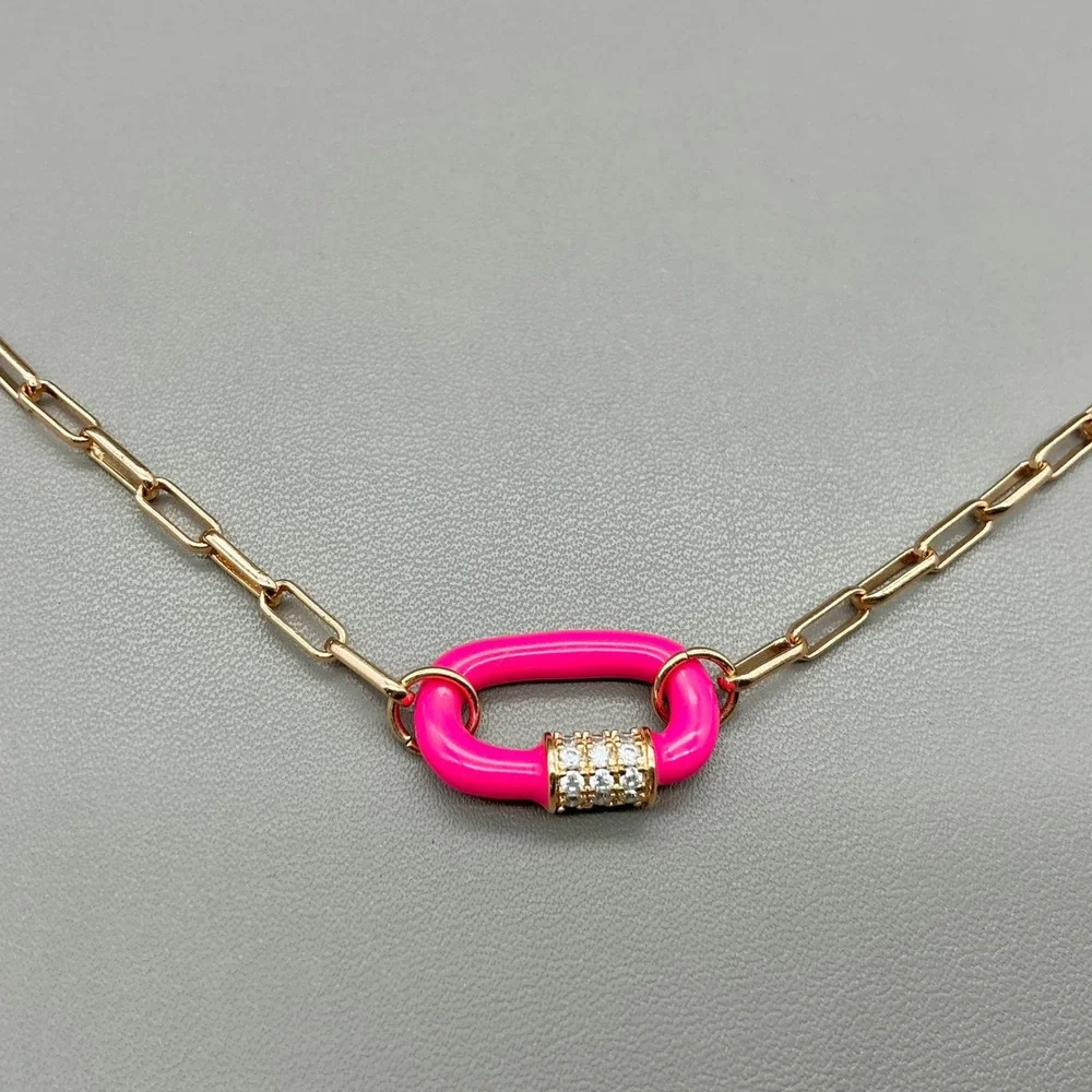 Bomb Party Necklace Gold Tone Paperclip Chain Pink Carabiner CZ Pendant 18-20